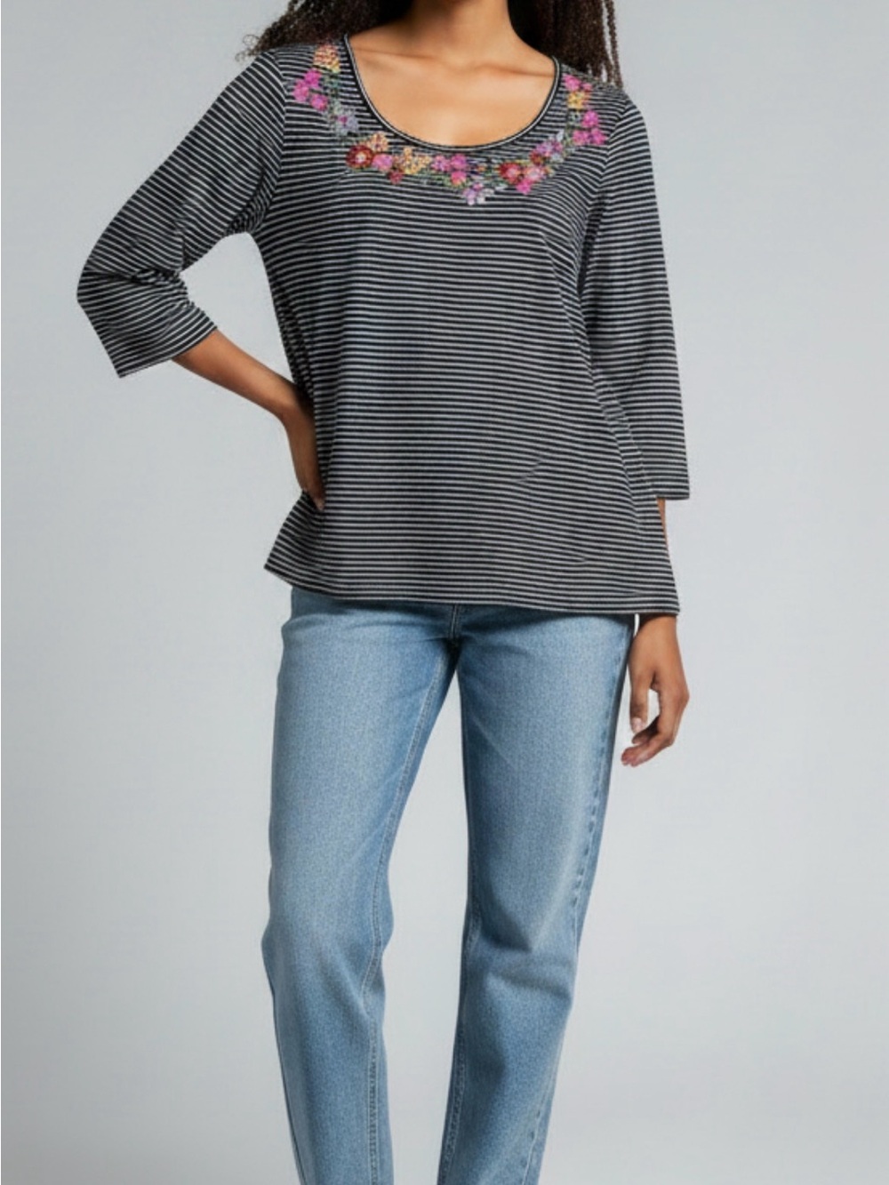 Savanna Jane Striped Scoop Neck Top with Floral Embroidery